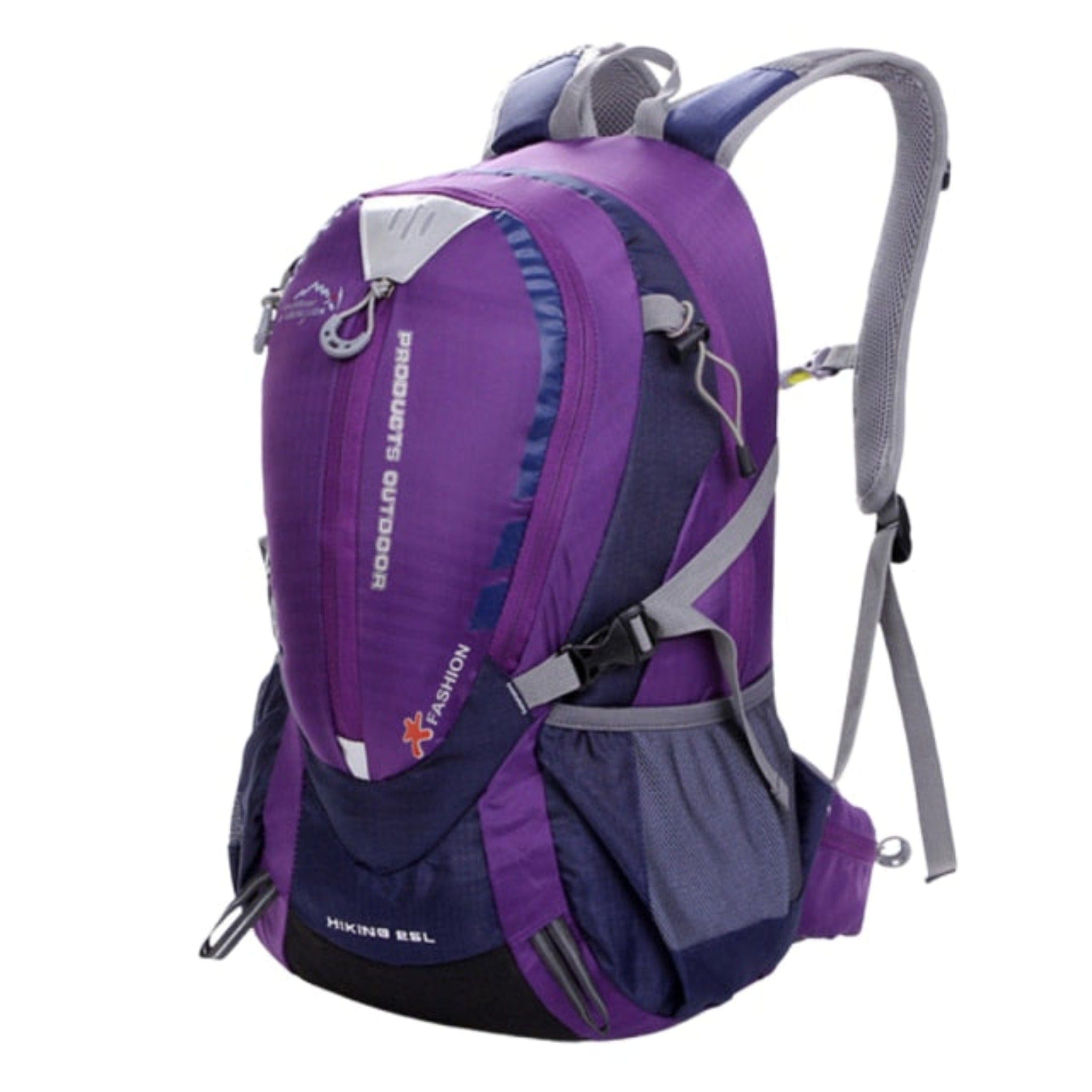 purple hiking backpack with white background