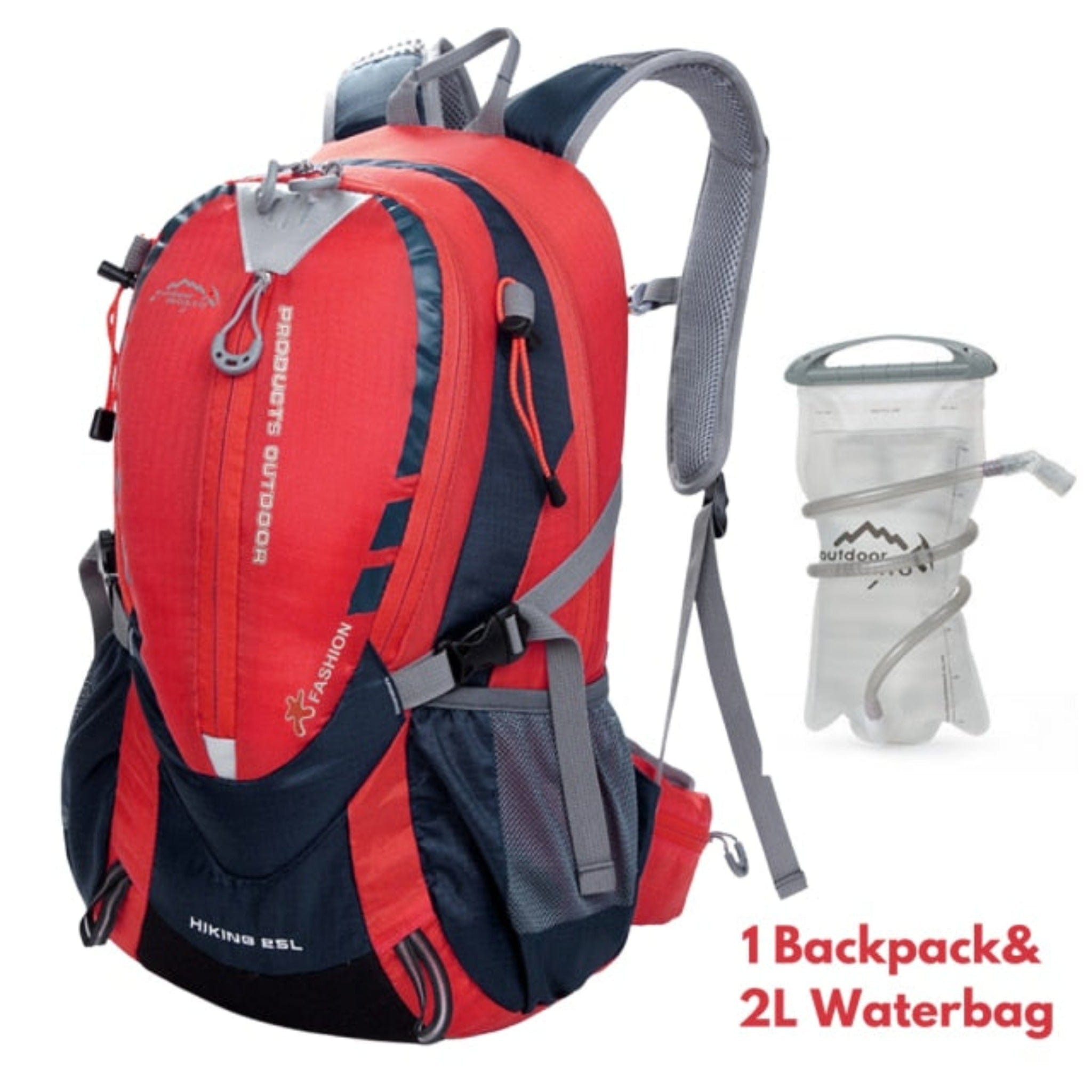 red hiking backpack with water bag and white background