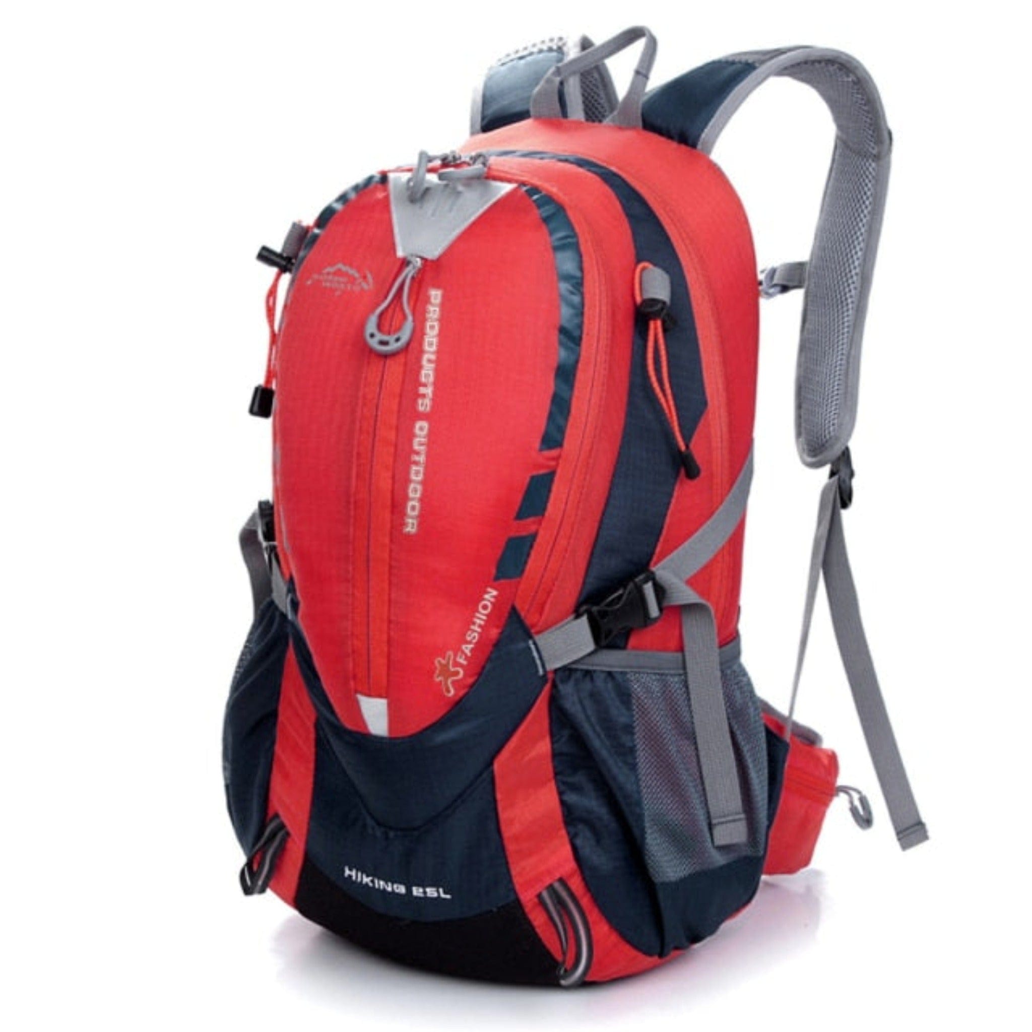 red hiking backpack with white background